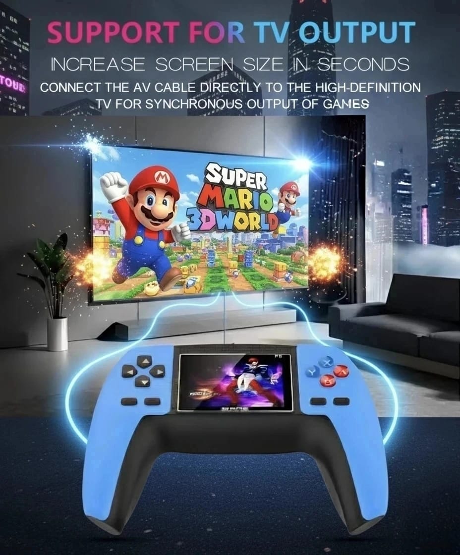 Handheld Retro Game Console – TV Output | Built-in Classic Games | Blue Edition
